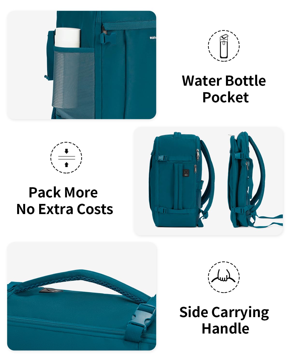 ECOHUB Travel Backpack for Men Women, Carry on Backpack with USB Charging Hole, Spirit Airlines Personal Item Bag Flight Approved, 15.6 Inch Laptop Backpack with Anti Theft Pockets, 30L, Blue Green