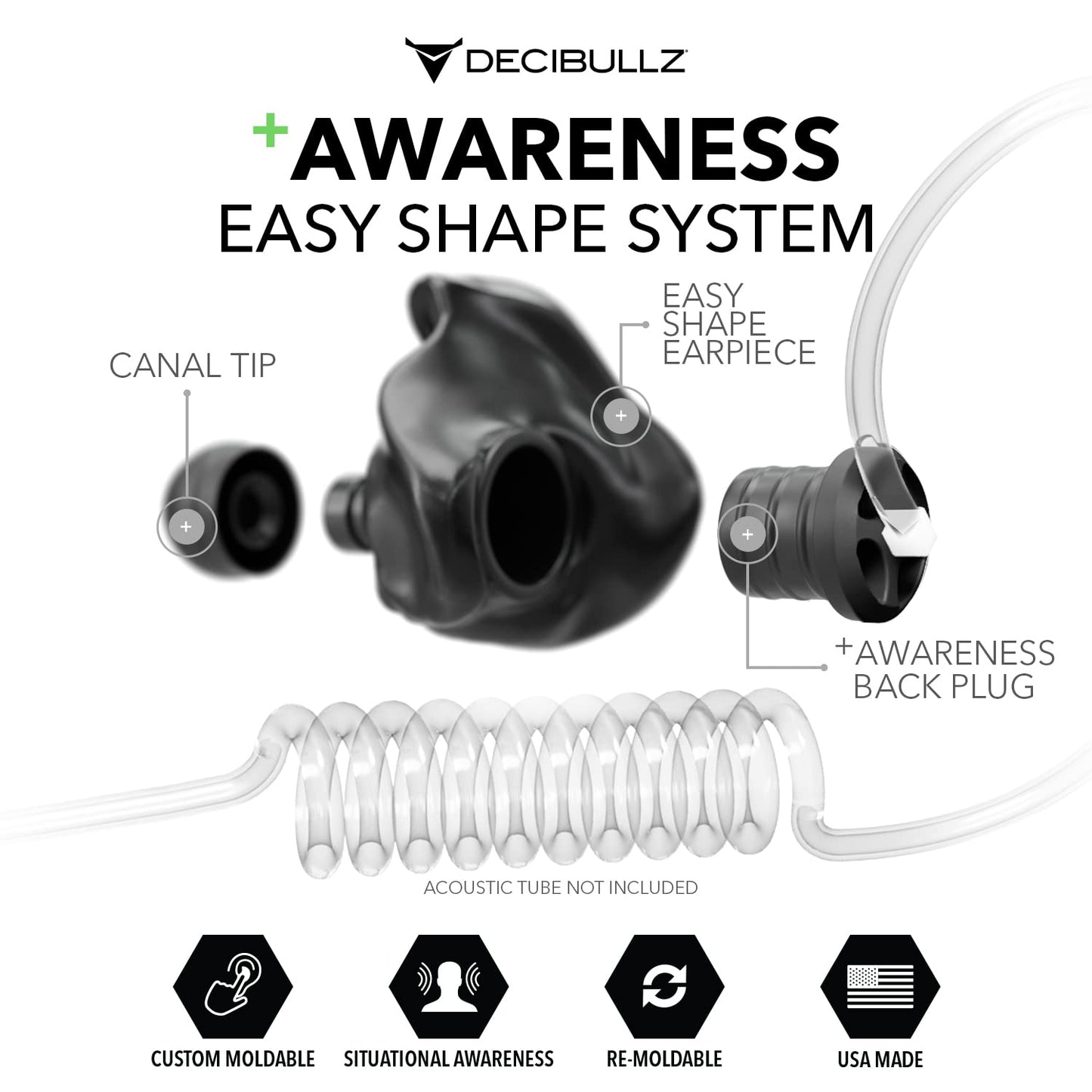 Decibullz Custom Moulded Security Two-Way Radio Surveillance Earpiece Set, Thermo-Fit Designed for Clear Acoustic Tube Radios | Model: +Awareness