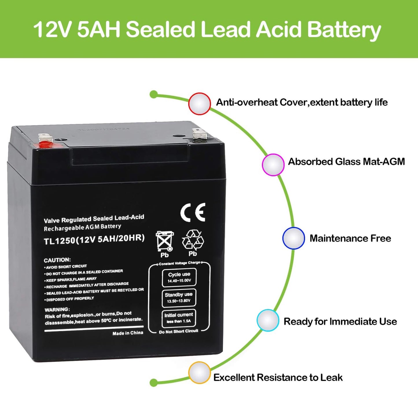 Hykolity 12V 5 Amp Rechargeable Lead Acid Battery UB1250