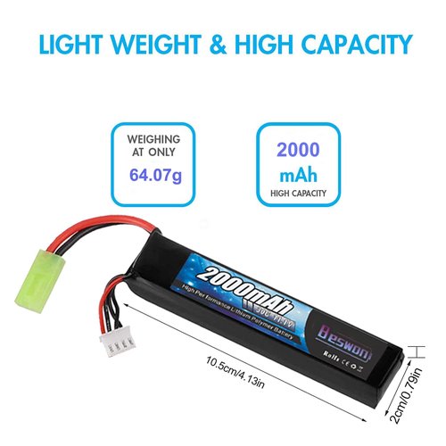 BESWON 2 Packs 11.1V Airsoft Battery 2000mAh 30C Rechargeable Lipo Battery Pack with 2S-3S Balance Charger for Airsoft Guns Rifle