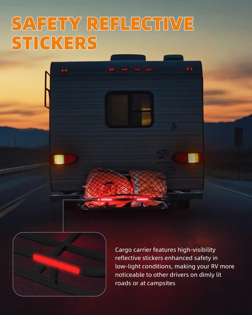 RV Bumper Mounted Cargo Rack Carrier 32"×26"×4" with Net, 350 Lbs Capacity Fits 4" to 5" Bumper Cargo Carrier Heavy Duty Luggage Basket Hitch for RV Camping Traveling, Black