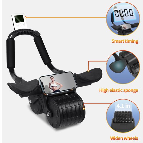 Tixahi Ab Roller Wheel with Timer & Knee Mat, Home Workout Auto Rebound Abdominal Wheel with Elbow Support - Core Workout Equipment for Strengthening Abs, Home Gym Exercise for Women & Men (Black)