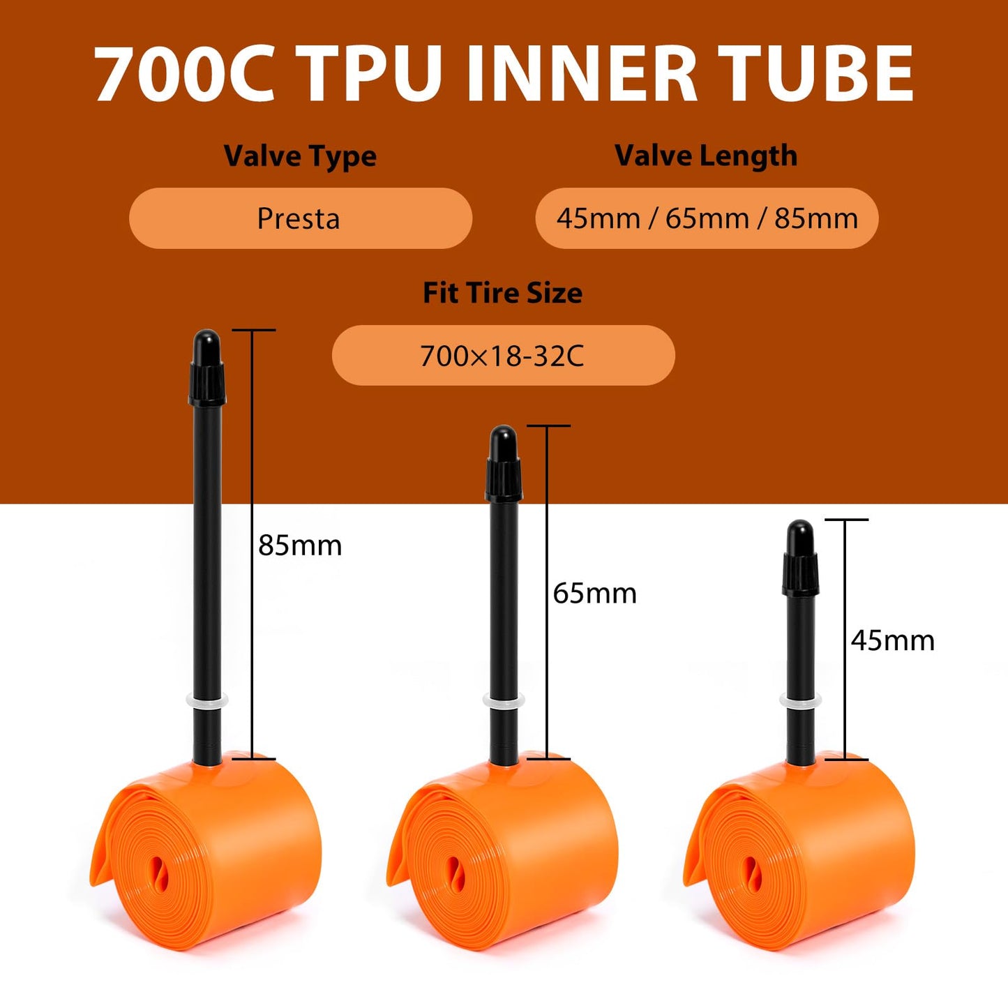 2-Pack TPU 700C×18-32C Bike Inner Tube, Ultralight (ALLRoad & Gravel) Bike Tube with 65mm Presta Valves for Road Bike (Include Bike Tube Patch Repair Kit) Orange
