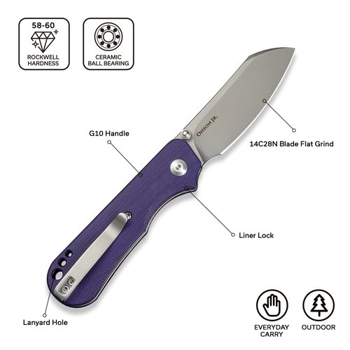 CIVIVI Crabby Pocket Knife, EDC Folding Knife for Men Women with Swedish 14C28N Blade Contoured G10 Handle, Designed by Ken Onion Jr. C24055-2