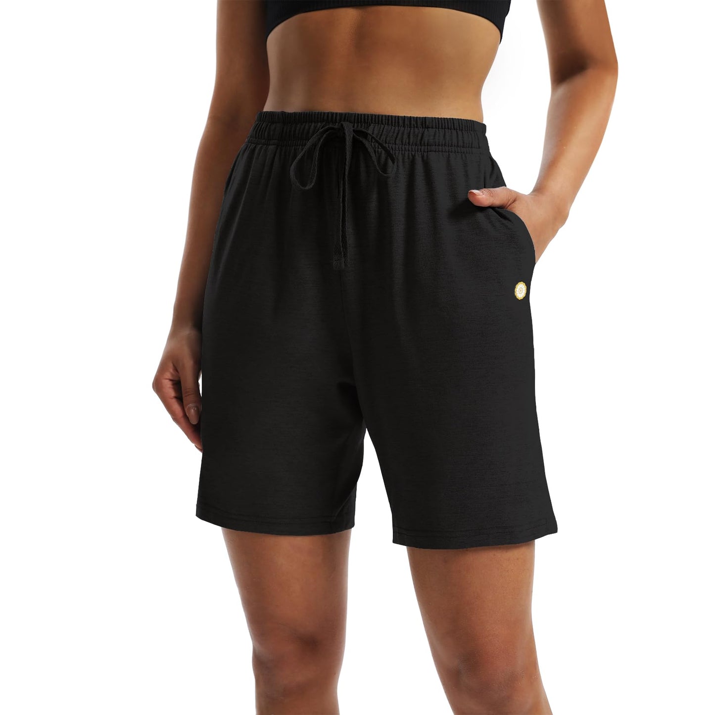 LUCKYCATCUS Women's 7" Bermuda Shorts Jersey Shorts with Pockets Workout Yoga Athletic Long Shorts for Women Black, XL