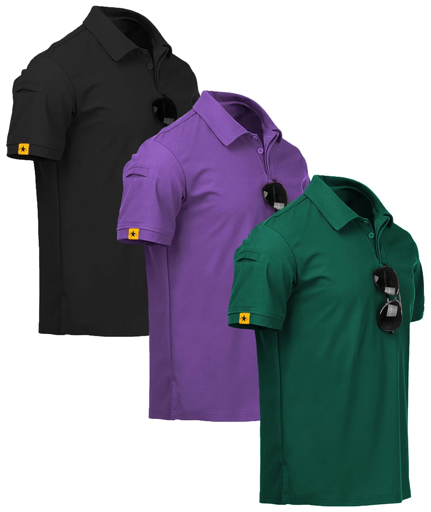 ZITY 3 Pack Mens Polo Shirt Short Sleeve Sports Performance Business Casual Golf Shirts for Men Collared Tactical T-Shirts Violet Forstgreen Black X-Large