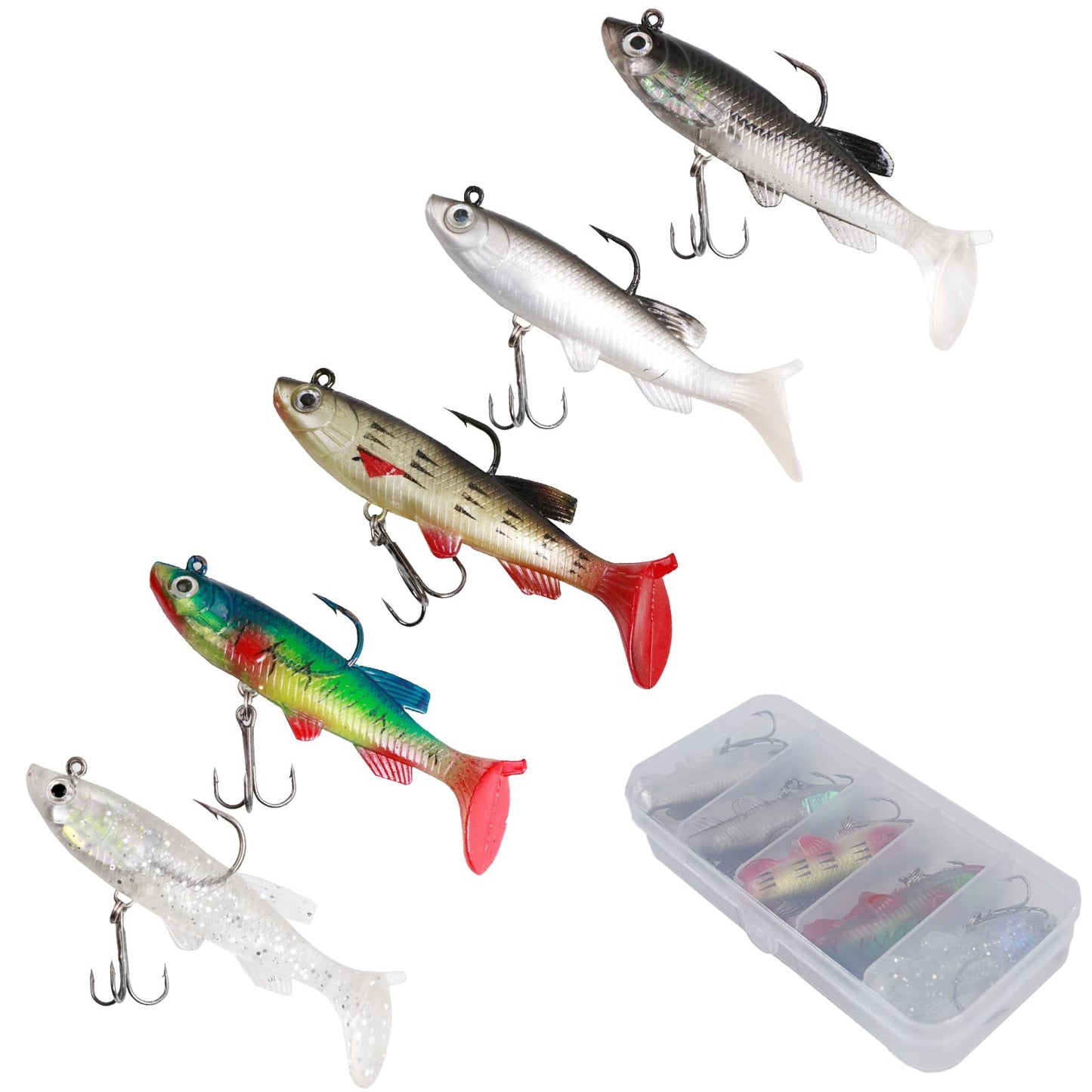 Inmorven Soft Fishing Lures Shad Minnow Swimbaits, Pre-Rigged Jig Head Paddle Tail Swimbaits for Freshwater and Saltwater, Jigs Fishing Bait for Bass Crappie Trout Walleye, Fishing Gifts for Men - 01