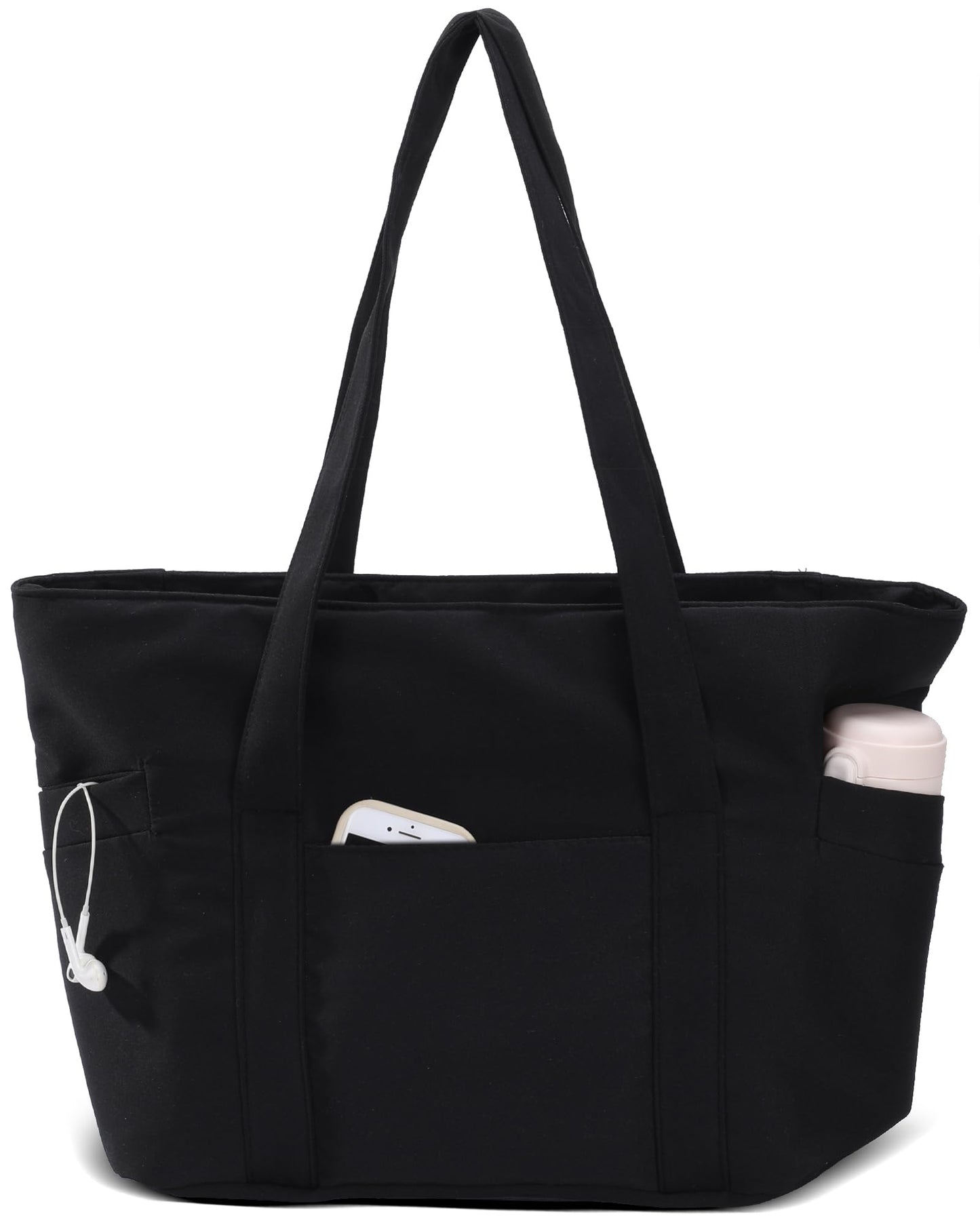 CTWWFS Large Tote Bag for Women with Zipper, Nylon Lightweight Work Tote with 15.6" Laptop Sleeve, Nurse Bag for Work College (Black)