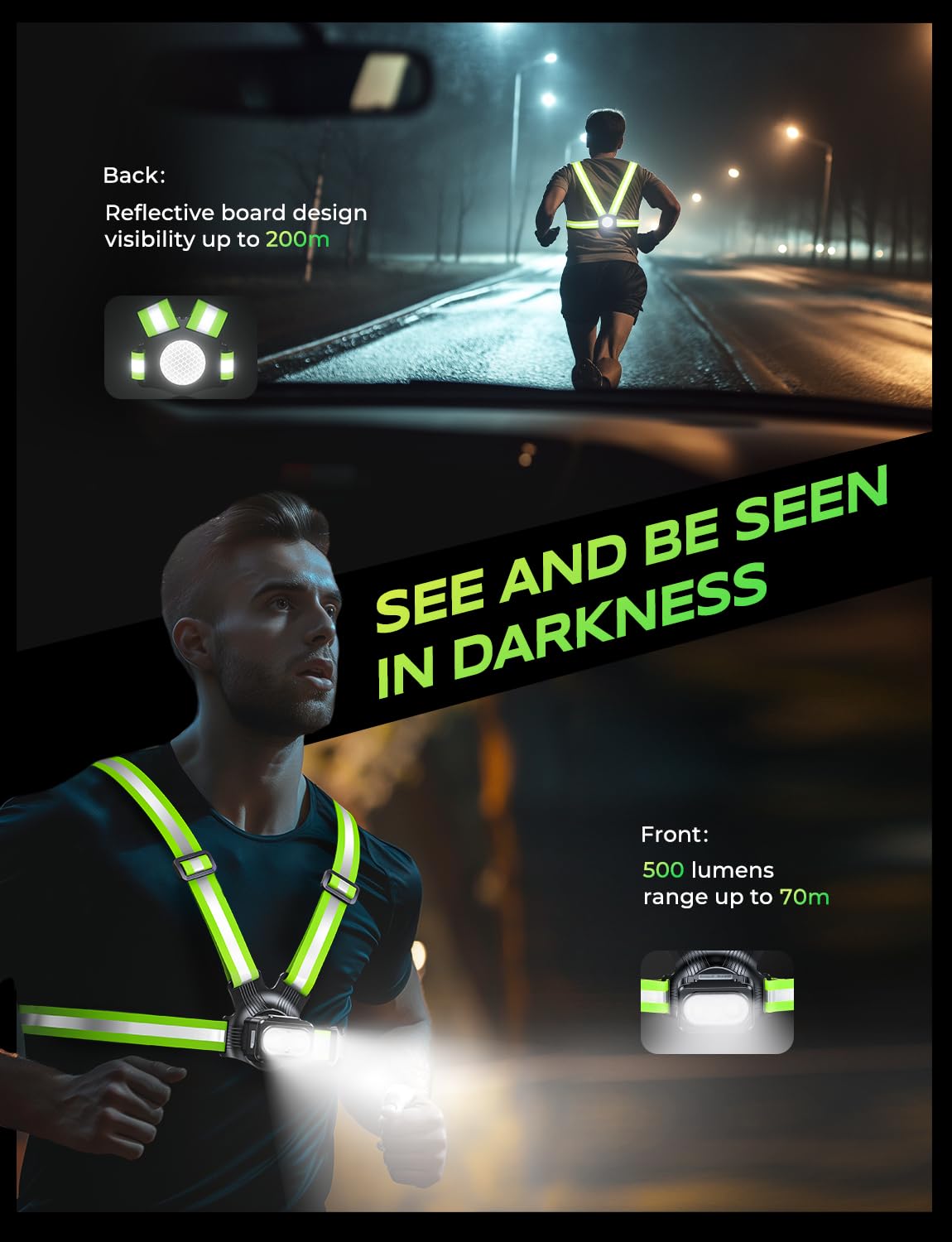 Viccux 500LM High-Visibility Running Lights for Runners, Adjustable 45° Beam & 360° Reflective Vest, IPX4 Waterproof Running Vest Light for Night Walking/Cycling/Jogging, 3.5-20Hrs Runtime