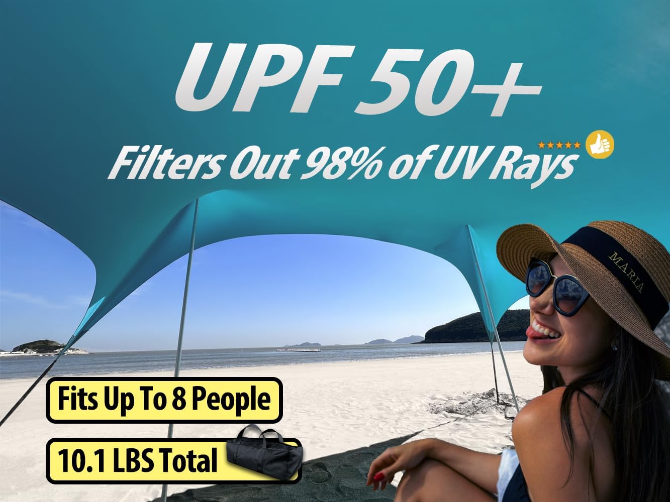 10×10ft UPF50+ Beach Tent Sun Shelter, Windproof Stable Outdoor Pop Up Beach Shade Canopy for Camping, Fishing, Backyard Fun or Picnics, 2 Poles