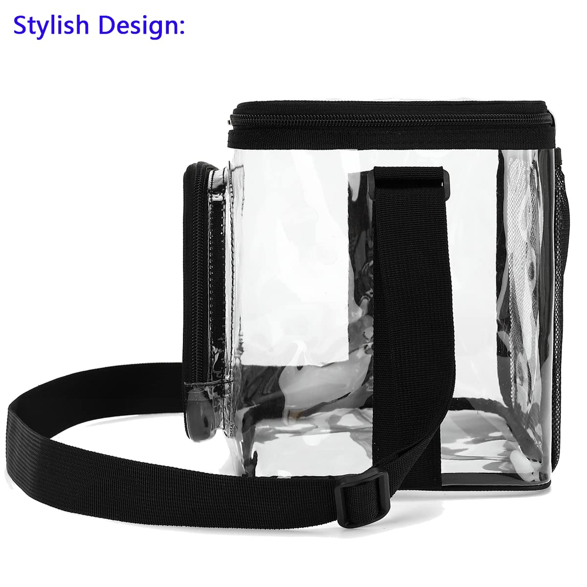 FlowFly Insulated Reusable Lunch Bag Adult Large Lunch Box for Women and Men with Adjustable Shoulder Strap,Front Zipper Pocket and Dual Large Mesh Side Pockets, Clear