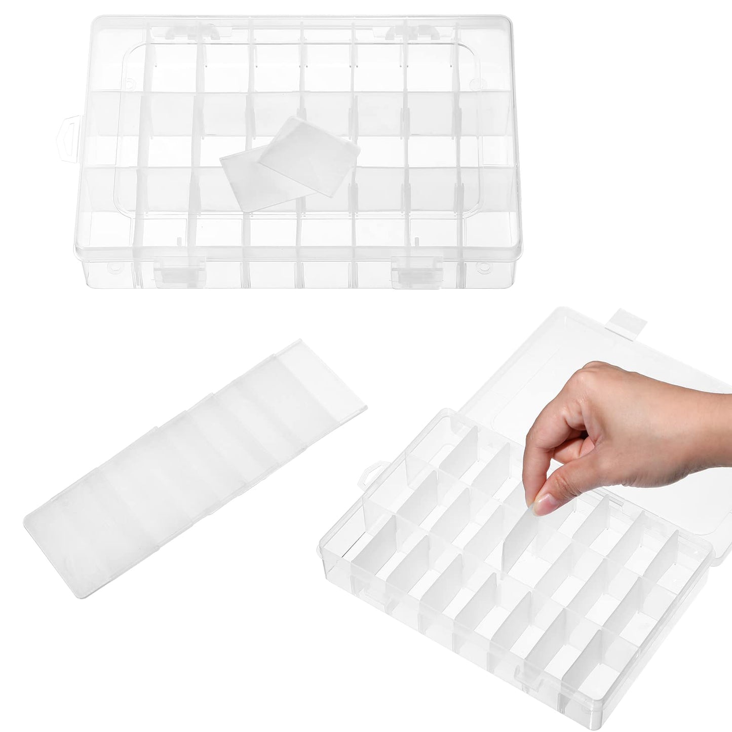 Sawysine 12 Pack Bulk 24 Grids Clear Plastic Organizer Box Tackle Crafts Storage with Removable Dividers Boxes for Fishing Trays Jewelry DIY Parts