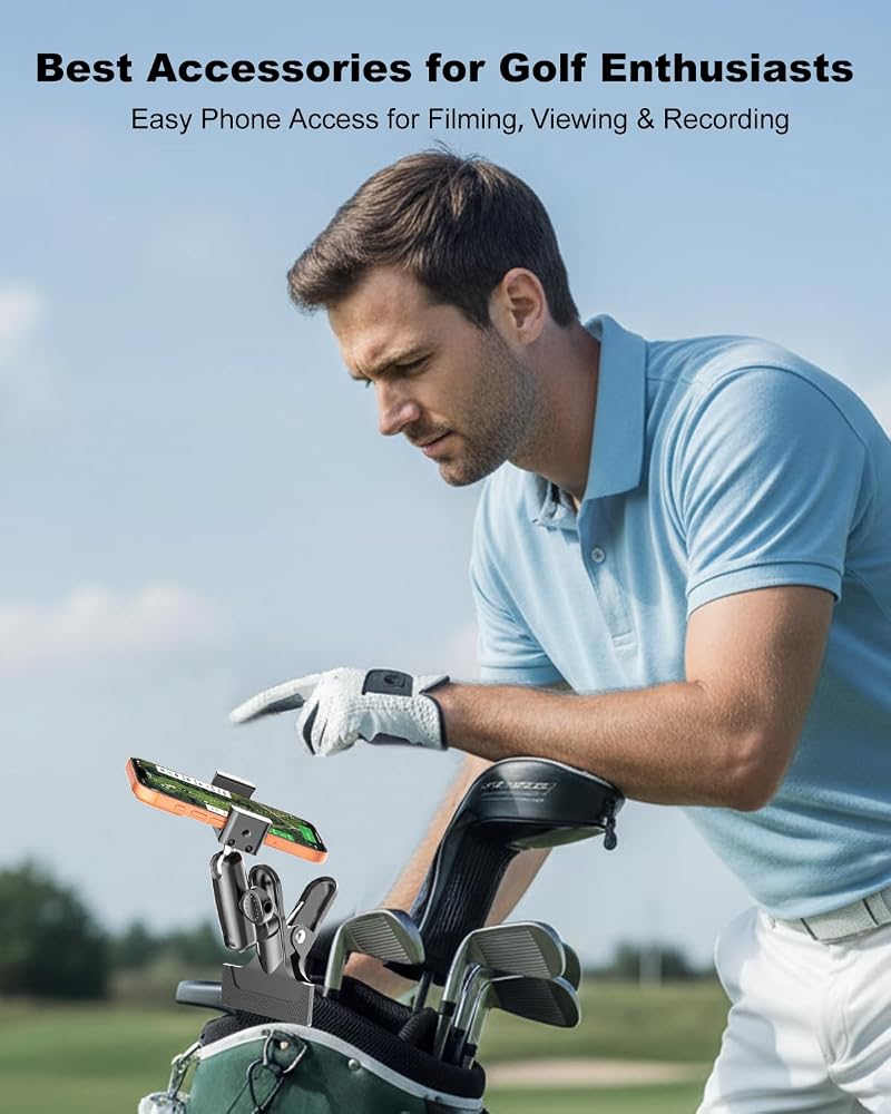 All-Metal Golf Bag Phone Holder – 360° Adjustable, Secure Clip