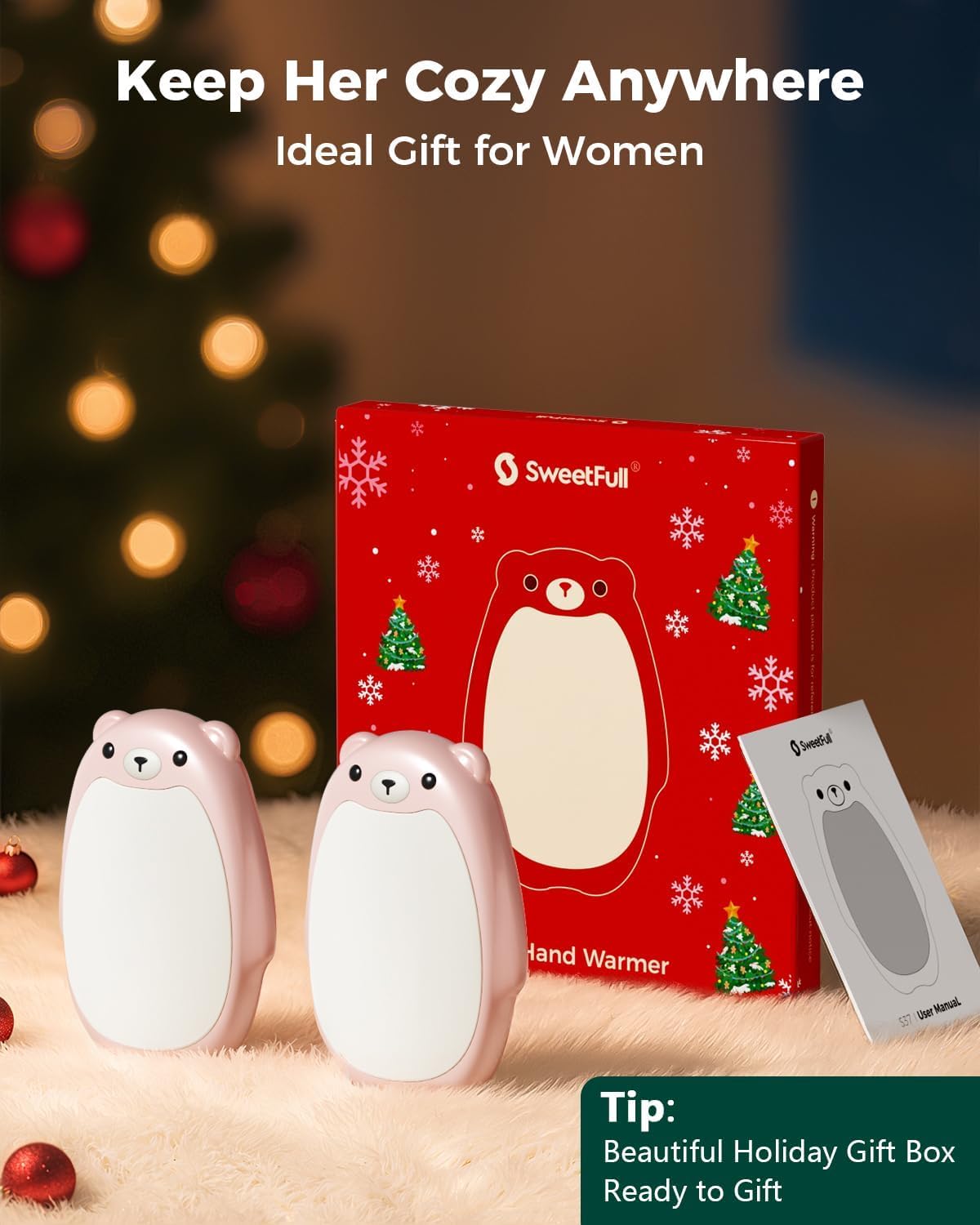 SWEETFULL Hand Warmers Rechargeable – Cute Bear, 2 Pack Magnetic, Reusable Electric Pocket Heater, Great Gift for Daughter, Kids, Wife, or Bestie, Portable for Outdoor & Camping (Pink)