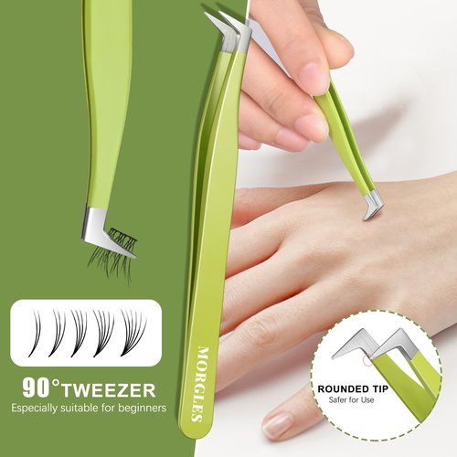 MORGLES 5pcs Eyelash Extension Tweezers High Precision, Straight and Curved Volume Lash Tweezers for Extensions, Crafting, Girls Women Beginners