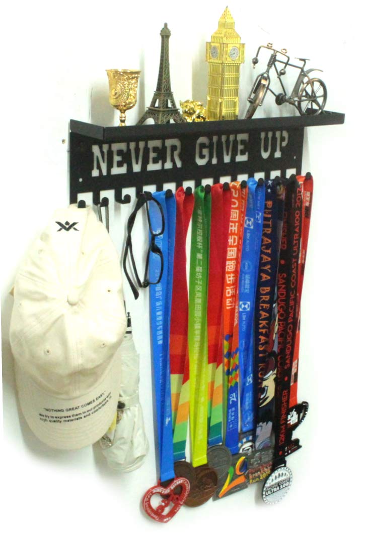 URBN BY MODERN HOME FINISHINGS Never Give Up Sports Awards Medal Hanger Display, 3" Trophy Shelf Medal Holder with Hooks, Easy Install Wall Shelf and Ribbon Holder Wall Shelf (Black)