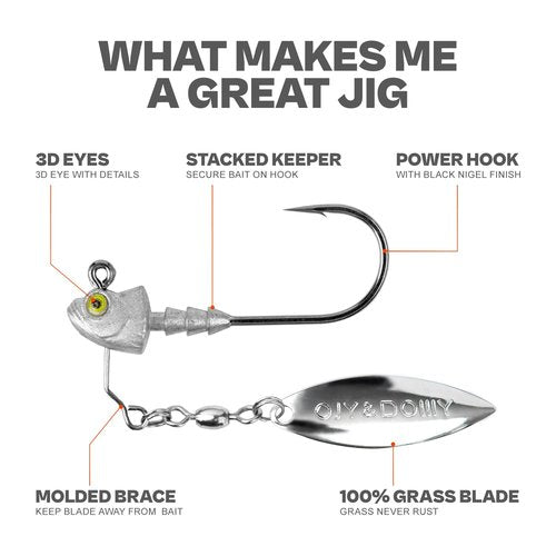 6-Pack Underspin Jig Heads with 100% Brass Blade (Never Rust) - 3/16oz, 1/4oz, 3/8oz, 1/2oz - Bass & Saltwater Fishing