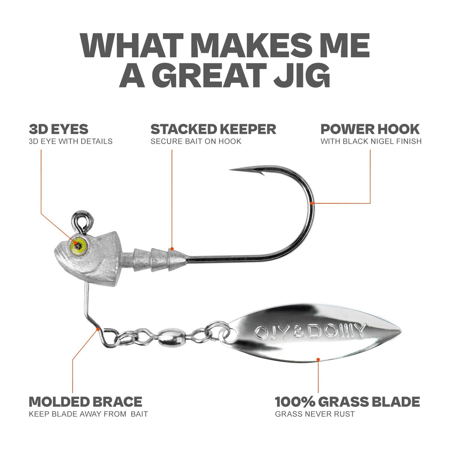 6-Pack Underspin Jig Heads with 100% Brass Blade (Never Rust) - 3/16oz, 1/4oz, 3/8oz, 1/2oz - Bass & Saltwater Fishing