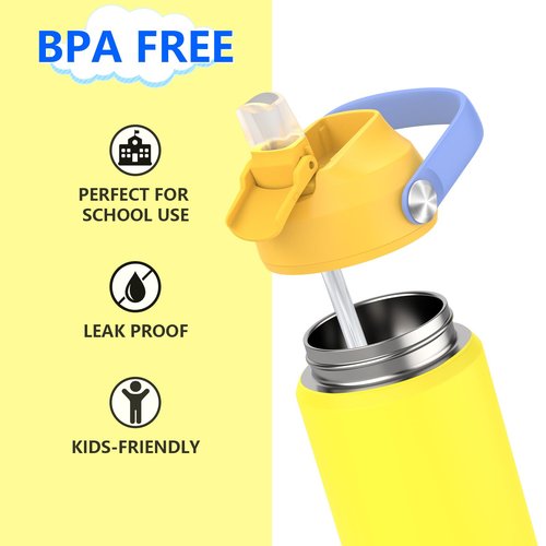 Ntswasd Toddler Insulated Water Bottle with Straw,12 oz Kids Cups with Stainless Steel Leak Proof for School Daycare(Yellow)