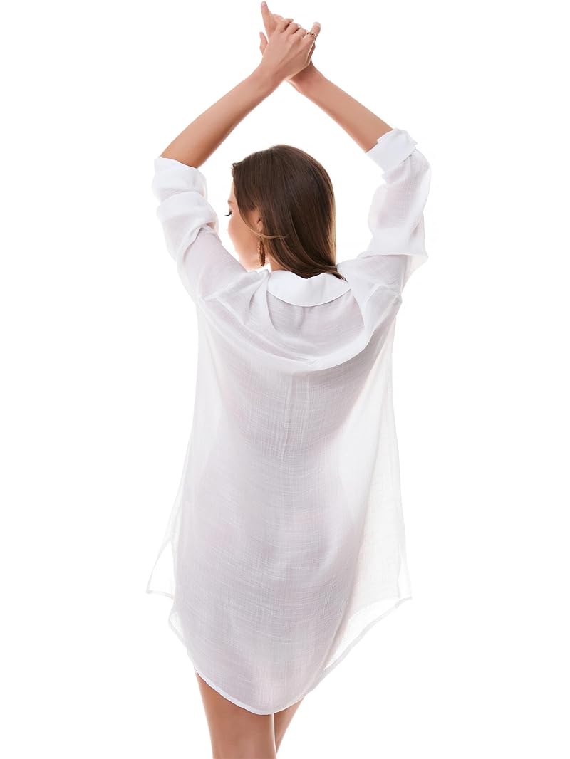 White X-Large Beach Cover Up Shirt Dress with Button-Down Long Sleeves