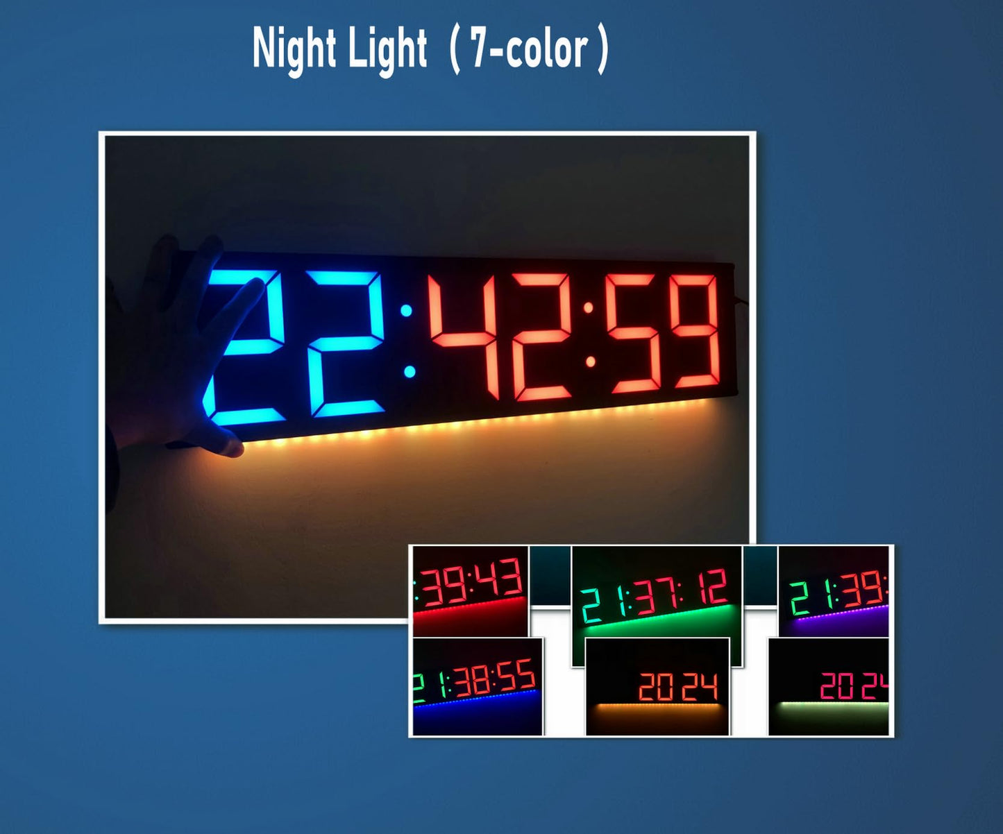 Boyiit 26'' Extra Large Home GYM Timer Clock, Programable Workout Interval Timer, Digital Wall Clock, with 7-color Night Light, 8 Alarm Clocks, Calendar/Temperature, Countdown & Stopwatch (Blue & Red)