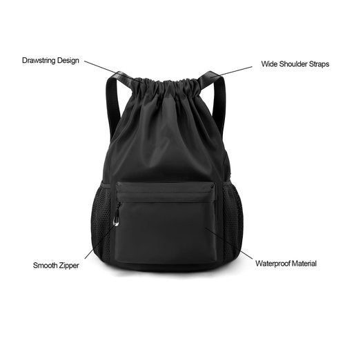 LOKAPEGY Black Drawstring Backpack for Women, Waterproof Drawstring Gym Bag for Men, Small Cinch Sack for Basketball, Pull String Sport Bag for Soccer.