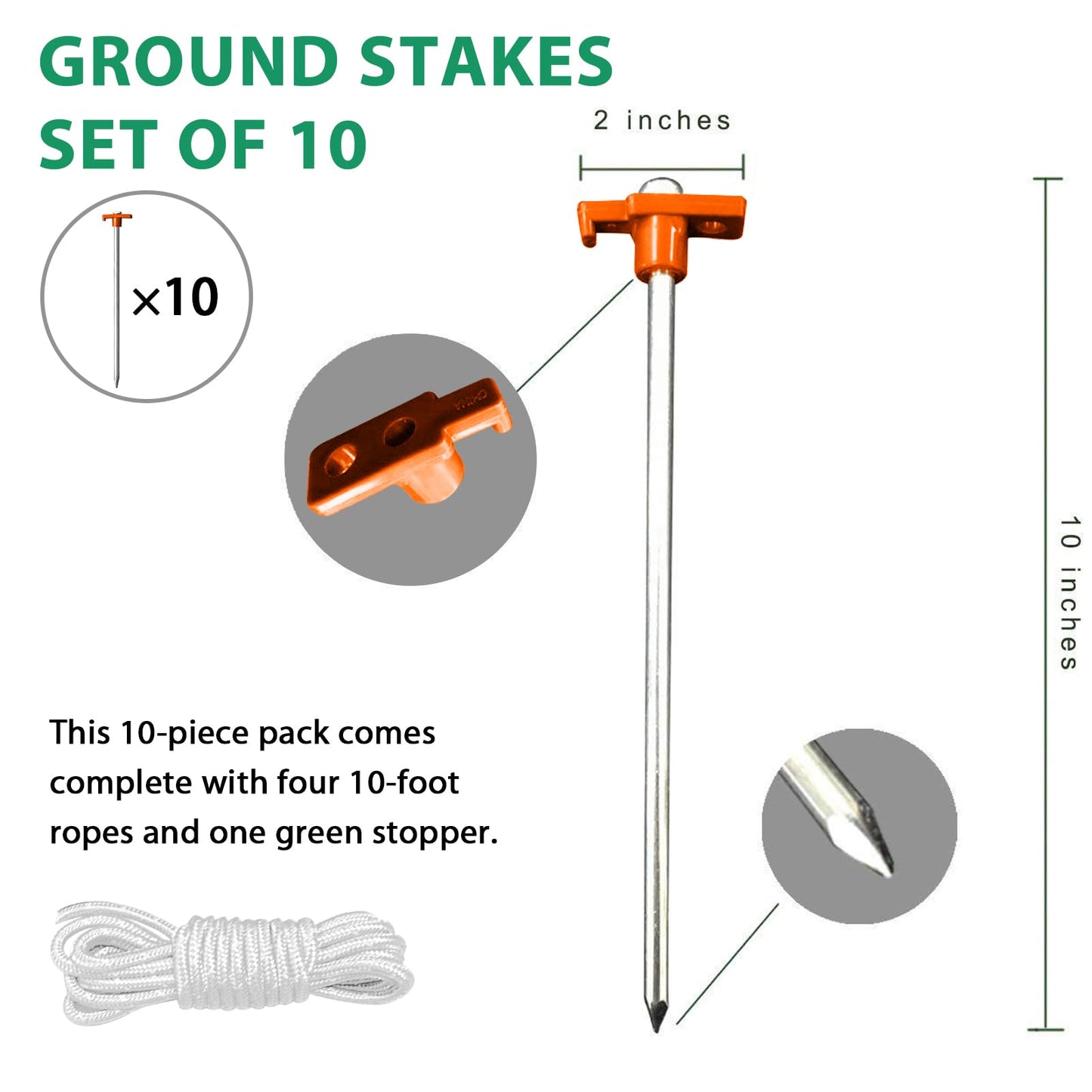 Eurmax USA 10-Pack Secure Protection Galvanized Tent Stakes,Rust-Proof Steel Canopy Anchors for High Winds,Heavy Duty Commercial Ground Pegs for Camping,Pop Up Tents&Gazebos - Includes 4x10ft Ropes