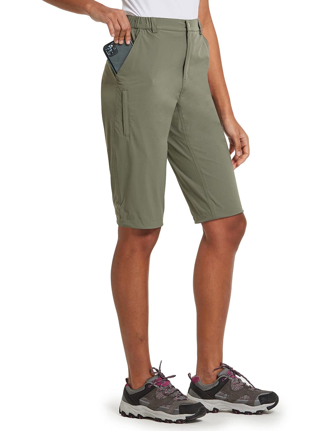 baleaf Women's Hiking Shorts Bermuda Long Knee Length Quick Dry Stretch Elastic Waist for Camping, Travel Sage Green Size S
