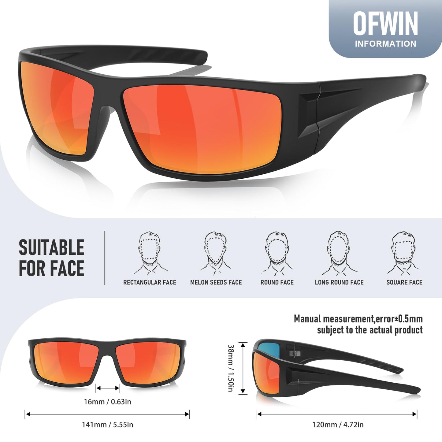 Ofwin Polarized Sports Sunglasses for Men Women Unbreakable Frame Cycling Fishing Wrap Around Sunglasses UV400 Protection 3Pack-Red+Blue+Green