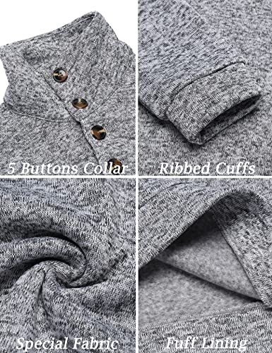 Men's Casual Fleece Sweater with Quarter Button - Large Grey Knit Thermal Pullover