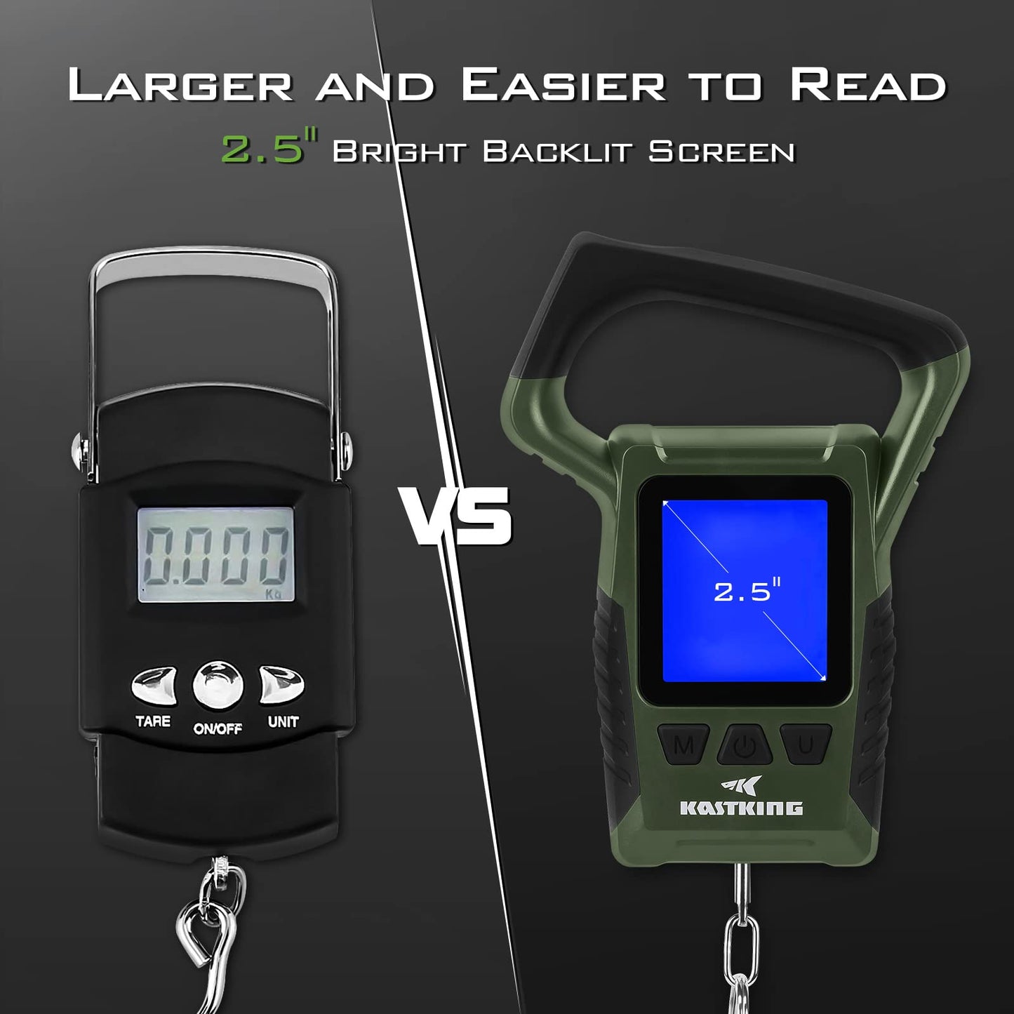 KastKing Fish Scale, WideView Floating Waterproof Digital Scale with No-Puncture Lip Gripper, 2.5” Large LCD Display, 110lb Capacity, Stores up to 9 Weights, Green