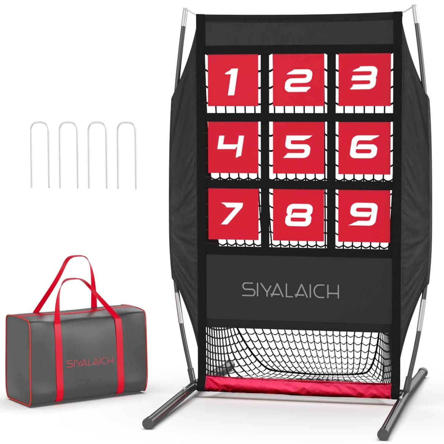 SIYALAICH Ultimate Portable Pitching Target Net for Baseball, Softball & Football | Pro-Tested Practice System with Numbered Strike Zone | Includes Carry Bag & Enables Quick Assembly(Black/Red)