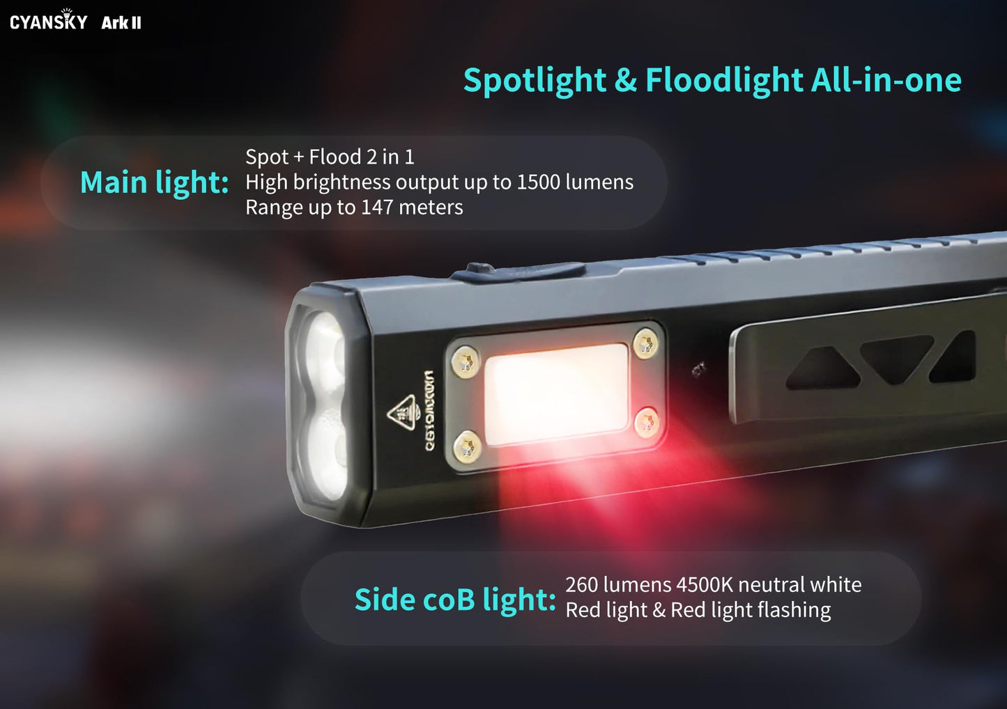 CYANSKY Ark II EDC Flat Flashlight, 1500 Lumen White Light LED Light, Powered by Rechargeable Internal Battery, for Outdoors, Emergencies, Work (Black)