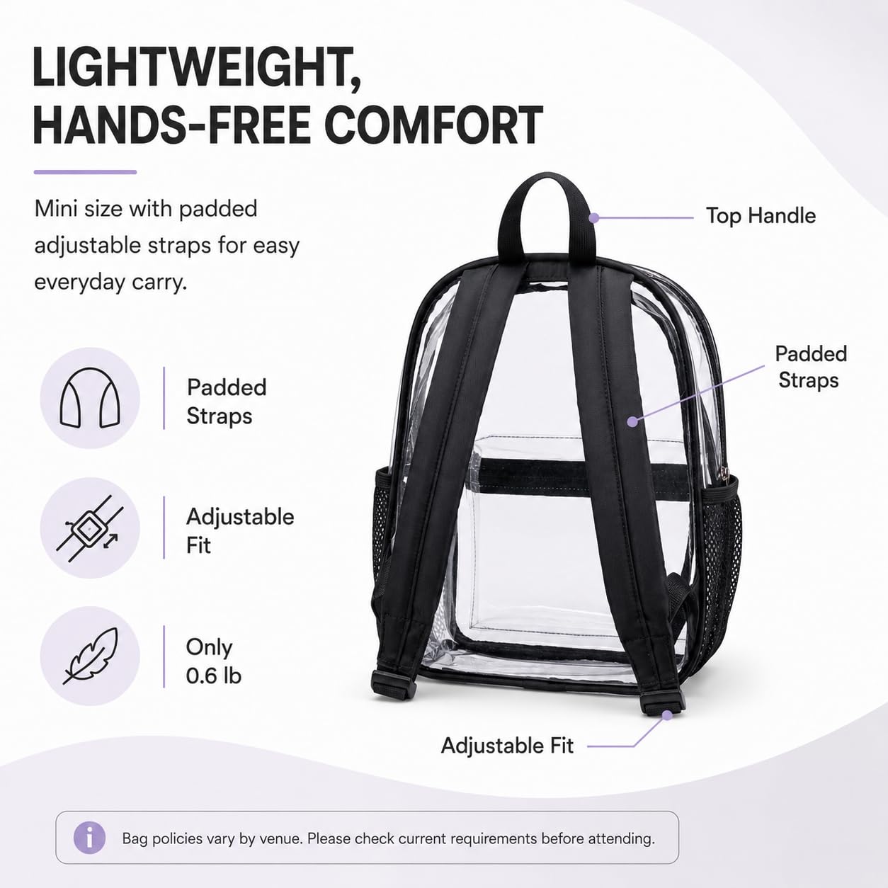 BTOOP Mini Clear Backpack for Stadium Events, 12 x 9 x 5 Inch Transparent PVC Bookbag, Fits Within Common 12x12x6 Stadium Bag Limits, for Concerts, Festivals, Women and Teens