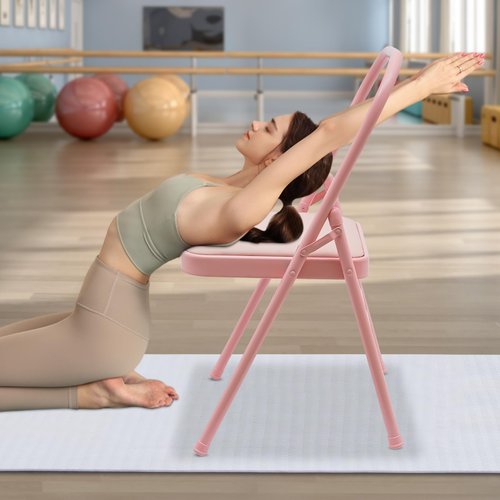 Yoga Auxiliary Chair with Lumbar Back Support, Foldable Balance Handstand Training Tool Yoga Equipment, Abs & Core Strength Training Inversion Equipment Yoga Practice Balance Chair for Adults (Pink)