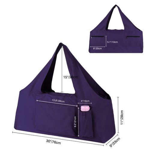 KUAK Extra Large Yoga Mat Bag with Zippered Top & 5 Pockets - Premium Canvas Tote with Yoga Mat Carrying Strap for Pilates, Gym, Fitness Block & Gear-Purple