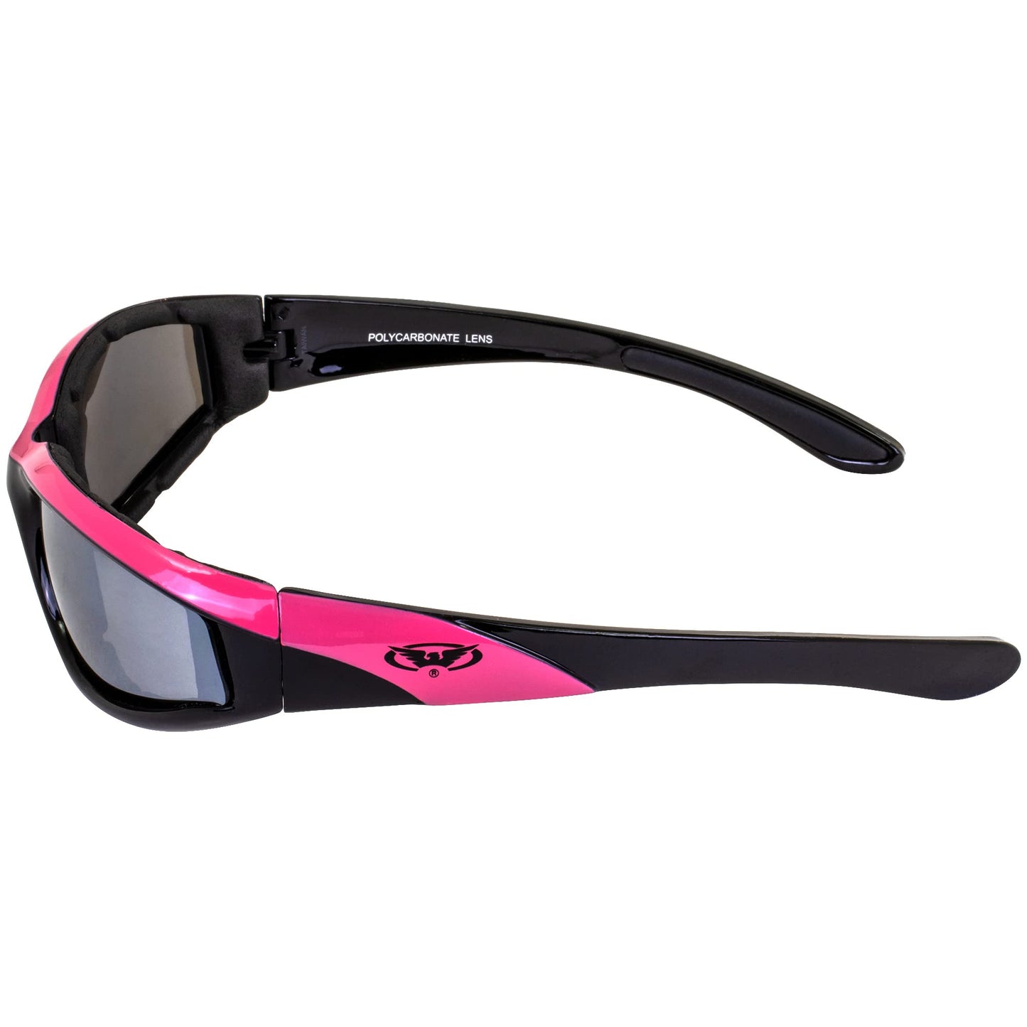 Global Vision Hawkeye Pink Frame Sunglasses Flash Mirror Lenses, Vented EVA Foam to keep sweat, wind, dust out of your eyes, UV400 and Scratch Resistant Unbreakable Shatterproof Polycarbonate Lenses
