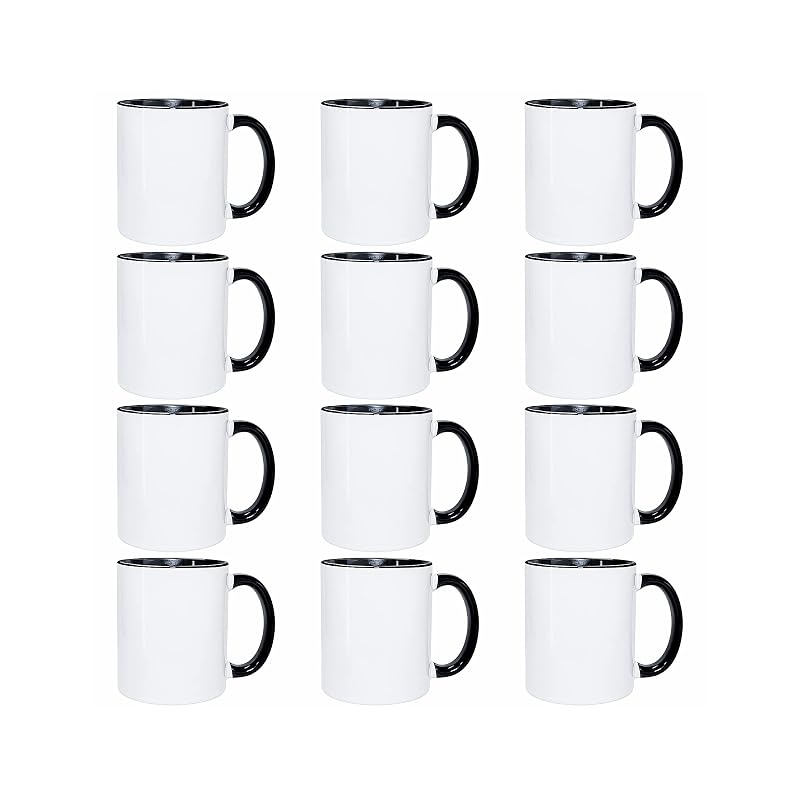 11oz Sublimation Mugs Set of 12 with Black Handle & Inner - Ceramic Coffee Cups for Cricut Mug Press