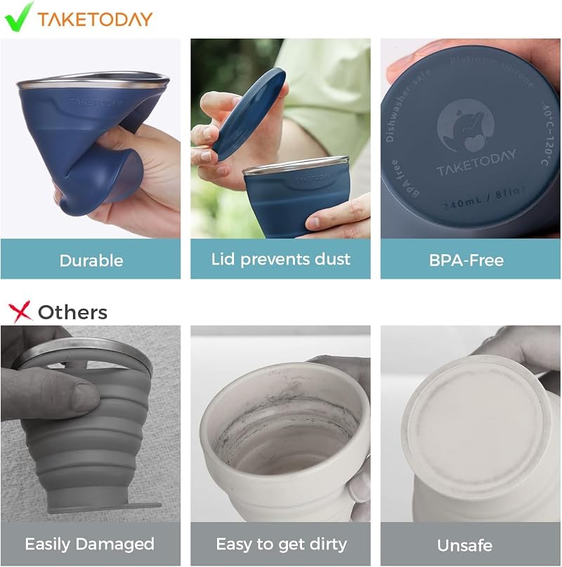 TakeToday 8 oz Collapsible Travel Cup - Navy & Charcoal (2-Pack)