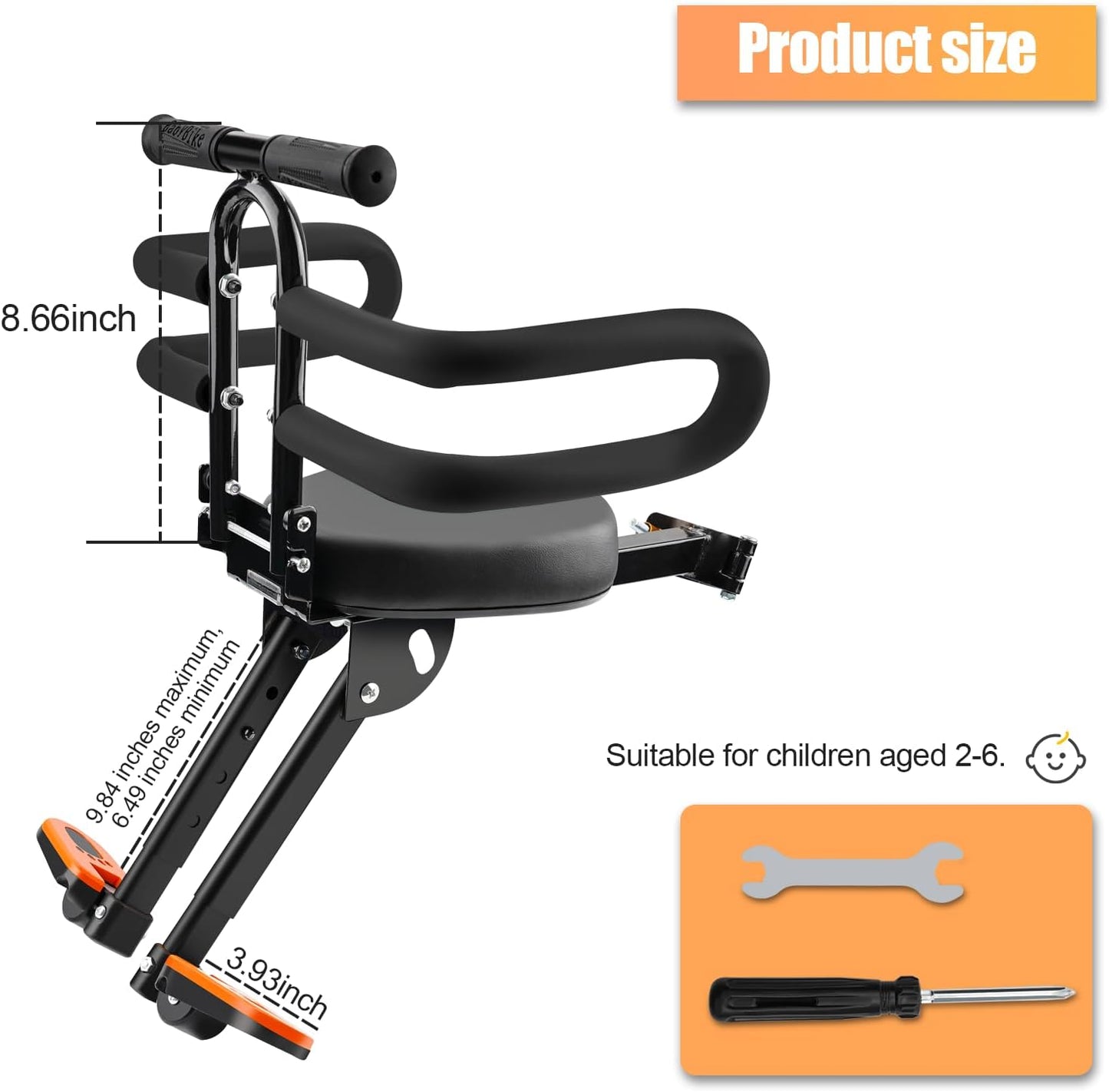Kids Bike Seat with Handlebar Attachment, Detachable Front Mounted Child Bicycle Seats with Foot Pedals for Children 2~5 Years, Compatible with All Adult Mountain Bikes (Handle+Seat)