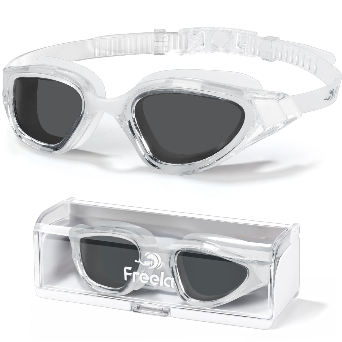 Freela Polarized Swimming Swim Goggles for Men Women Adult, Underwater Pool Beach Goggles 180° Clear Wide View Anti Fog UV Protection, Youth Sports Glasses No Leaking Gray Lens with Nose Piece
