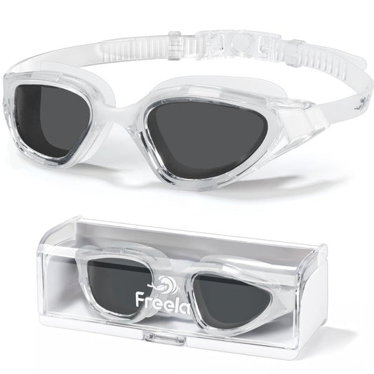 Freela Polarized Swimming Swim Goggles for Men Women Adult, Underwater Pool Beach Goggles 180° Clear Wide View Anti Fog UV Protection, Youth Sports Glasses No Leaking Gray Lens with Nose Piece