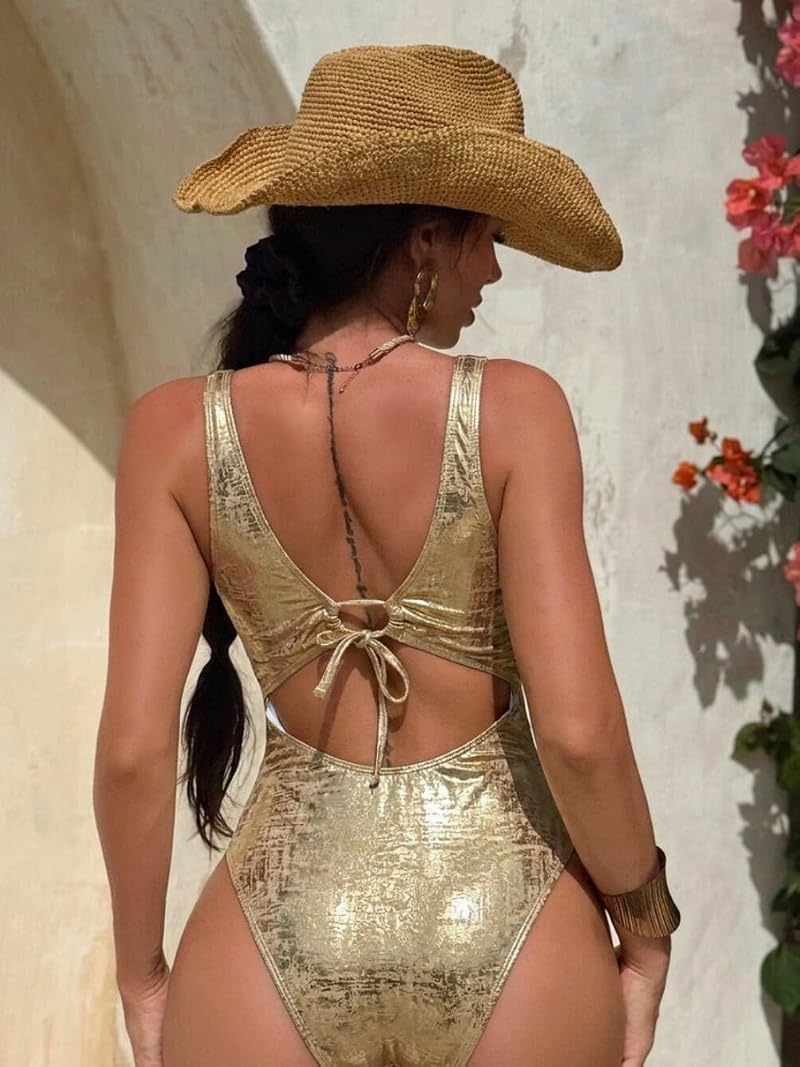 Women’s Sexy High Cut Cheeky One Piece Swimsuit - Gold 8-10
