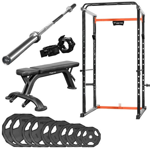 METIS Complete Gym Equipment Set - 1x Power Cage, 1x Olympic Barbell, 1x Weightlifting Bench, 2X Barbell Locking Clips, 2X 5kg, 10kg, 15kg, 20kg & 25kg (PU Plates (Complete Set))