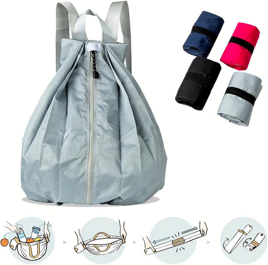 1PC Sports Drawstring Backpack - Swim Gym Bag - Extendable Foldable, Grey
