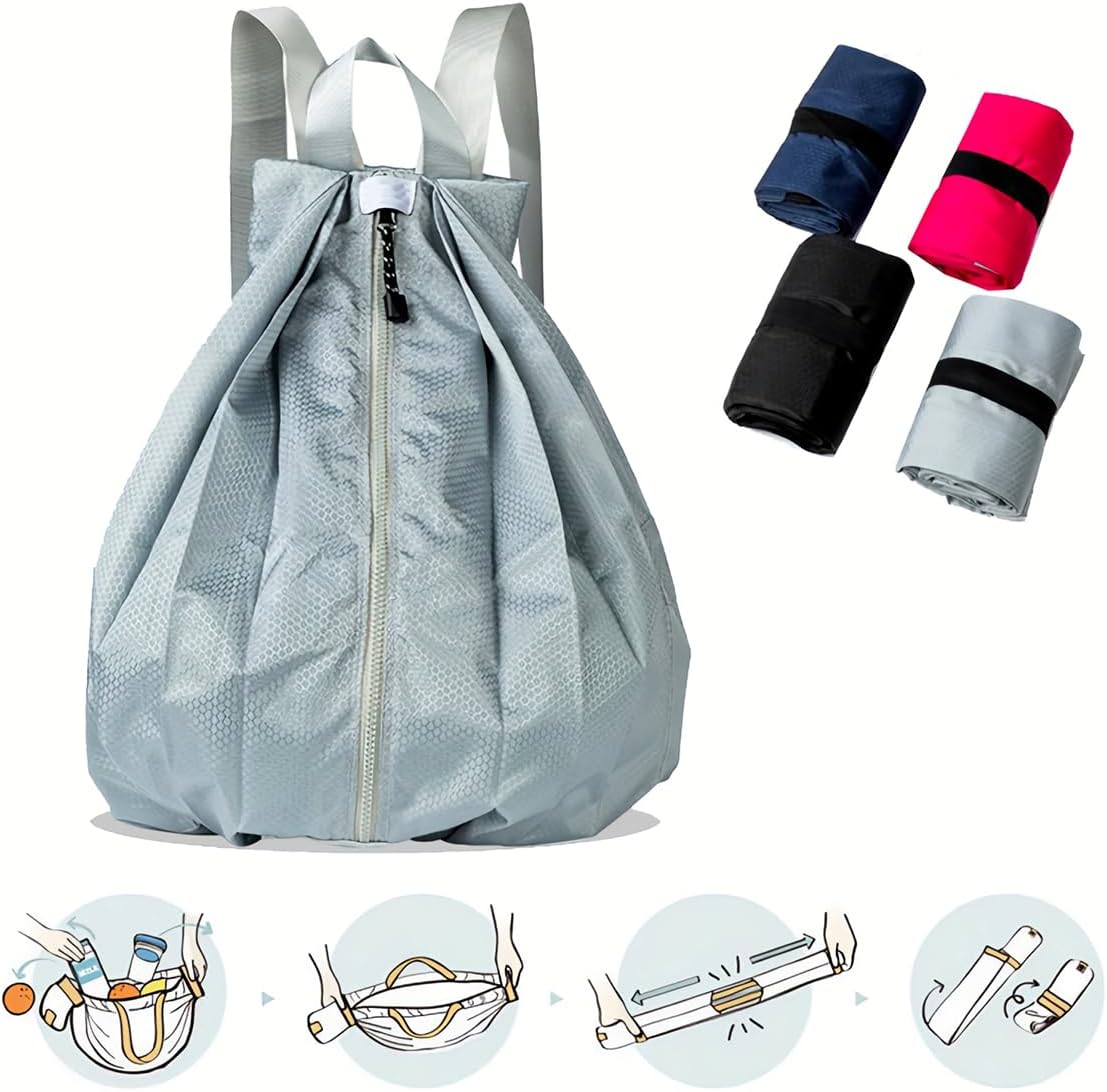 1PC Sports Drawstring Backpack - Swim Gym Bag - Extendable Foldable, Grey