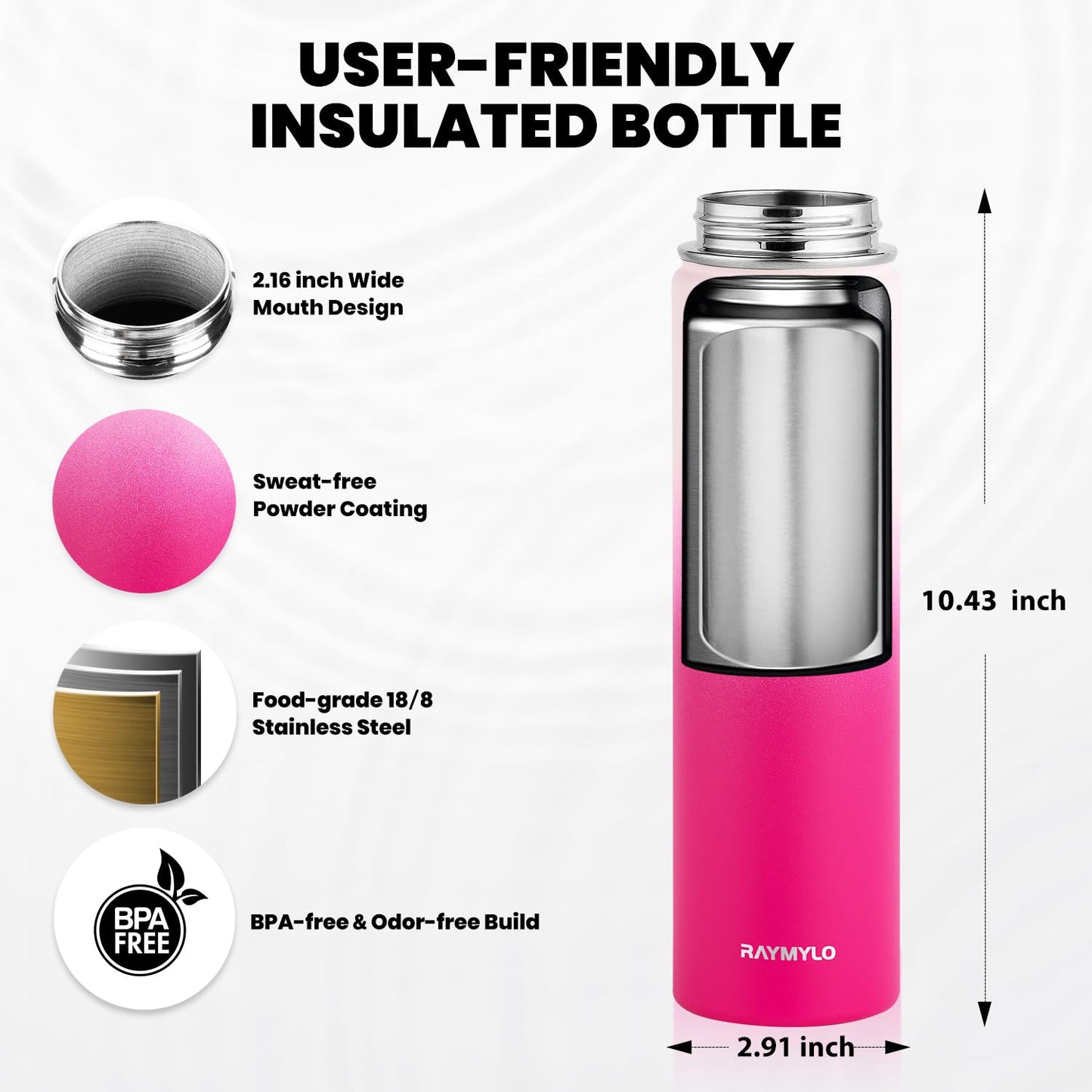 RAYMYLO Insulated Water Bottle 24 oz, Triple Wall Vacuum Stainless Steel (Cold for 24Hrs, Hot for 12Hrs), Leak Proof & Non-BPA, Modern Water Flask Jug with Paracord Handle & Straw Spout Lids