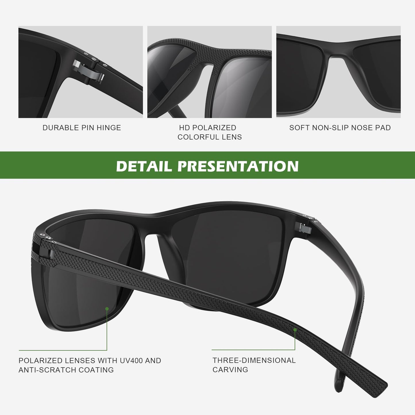 Fanshen Square Polarized Sunglasses for Men, 3 Pack Lightweight UV Protection Sun Glasses for Driving Fishing Golf (Black/Ice Blue/Silver)