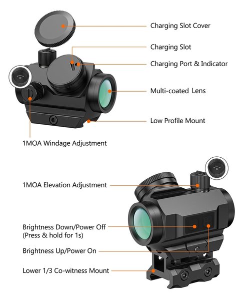 MidTen Rechargeable Green Dot Sight with Motion Awake 3 MOA Dot Compact Scope, 1x21mm Optics with Lower 1/3 Co-Witness Riser & Low-Profile for 20mm Pica tinny Mount, IPX7 Waterproof & Fogproof
