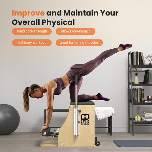 FAGUS H Pilates Pro Chair, Split-Pedal Stability Combo Chair with Handles, Yoga Fitness Trainer, Pilates Reformer Machine, Pilates Equipment Perfect for Home Use & Gym Workout, Burlywood / Black Pad